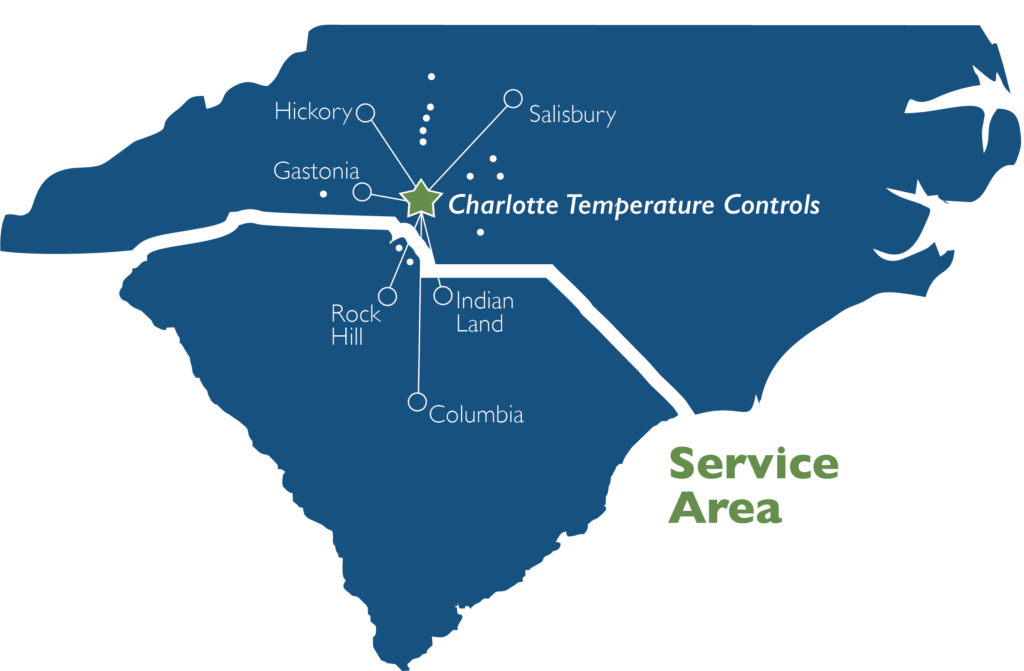 Charlotte Temperature Controls service area map, Charlotte, NC and surrounding areas